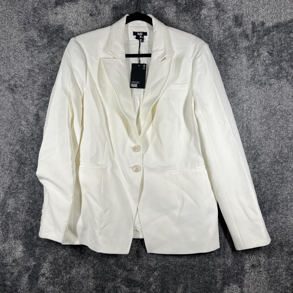 PAIGE Blazer Womens XL White Button-Up Lined Pockets Stretch Polyester Collared
